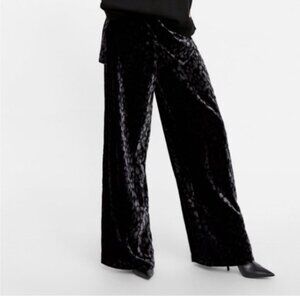 Zara TRF Black Crushed Velvet Wide Leg Pants Trousers Patterned Size XS NEW